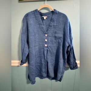 J. Jill Indigo Linen V-Neck Tunic with Button Placket